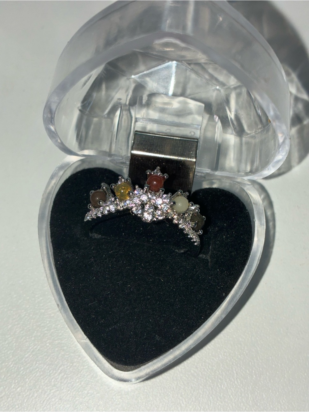 Silver Multi-Stone Crown Ring - White and Multicolor Accent